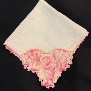 Vintage Pink Ombre‎ Crochet Butterfly Corner Linen Hankie Handkerchief